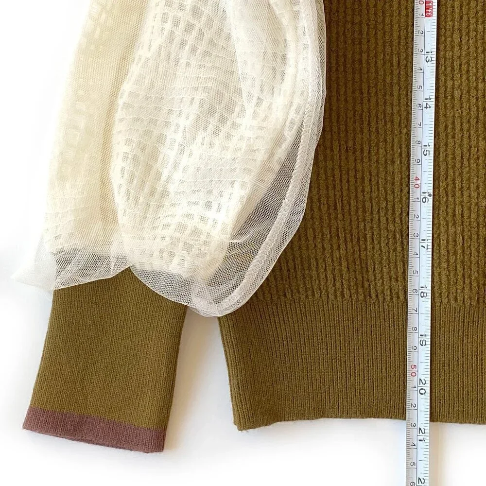 Olive Green Wool Blend Sweater White Mesh Balloon Sleeve S